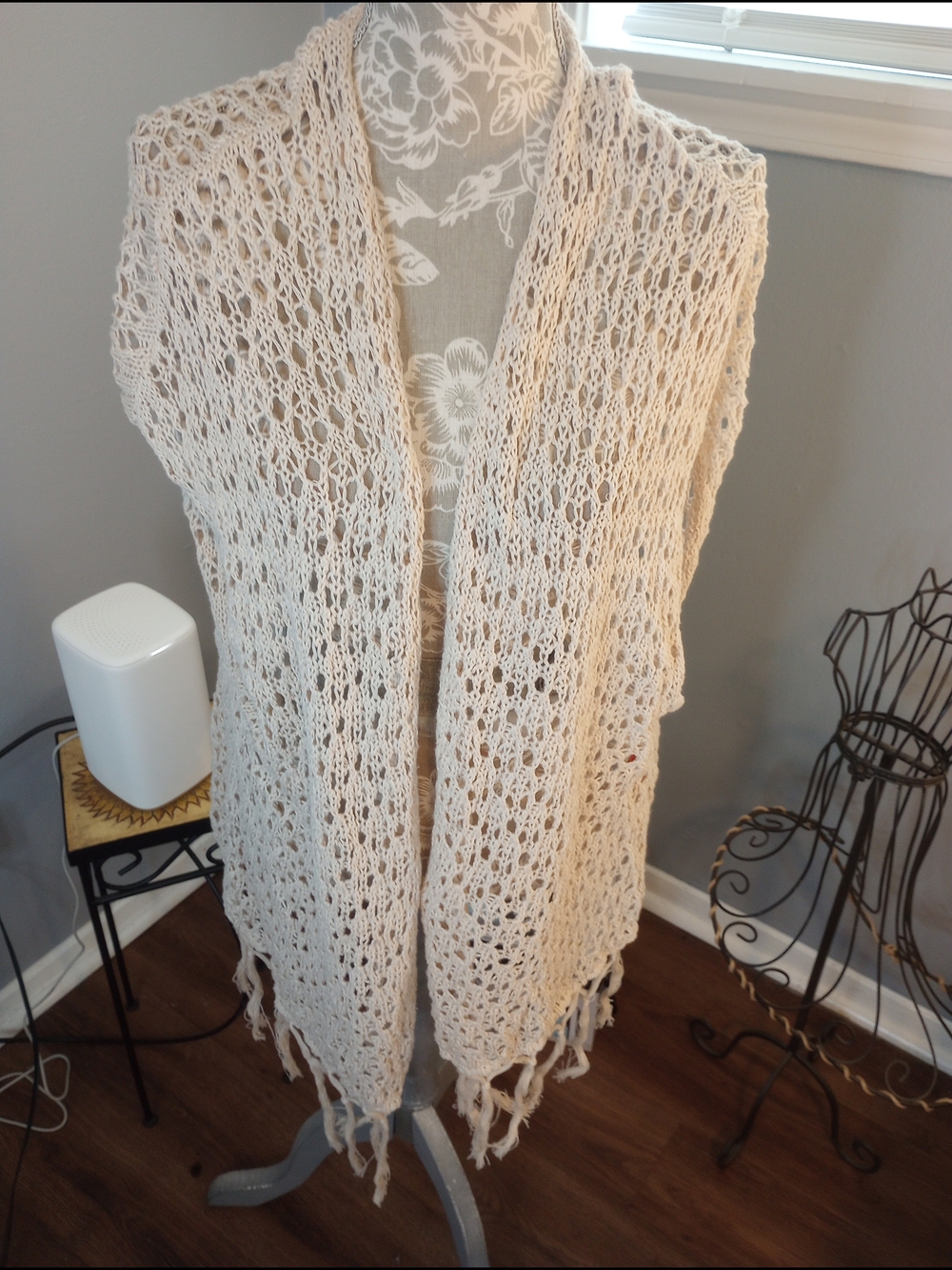 Open-Knit Fringe Swim Coverup Vest in Cream